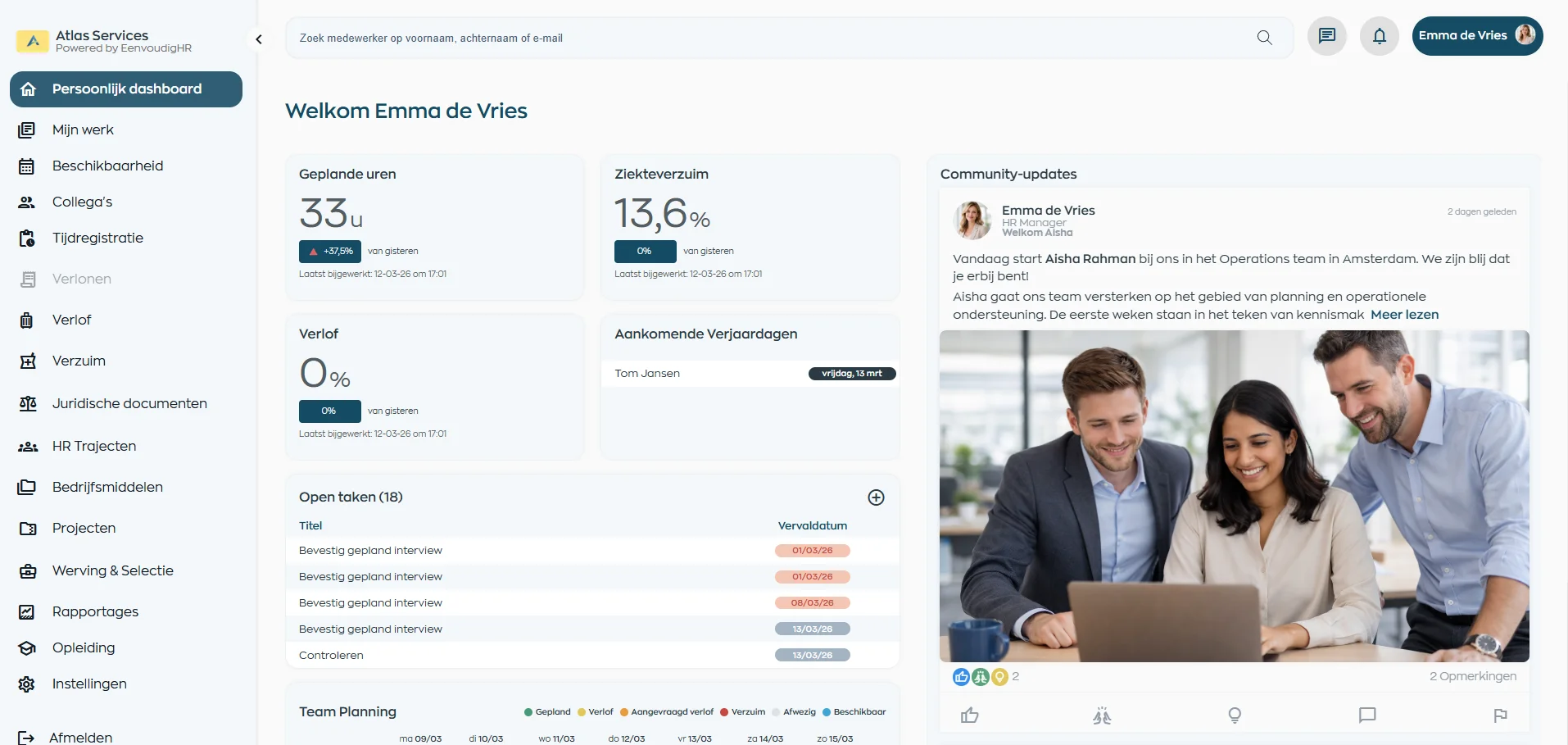 Screenshot van het EenvoudigHR platform