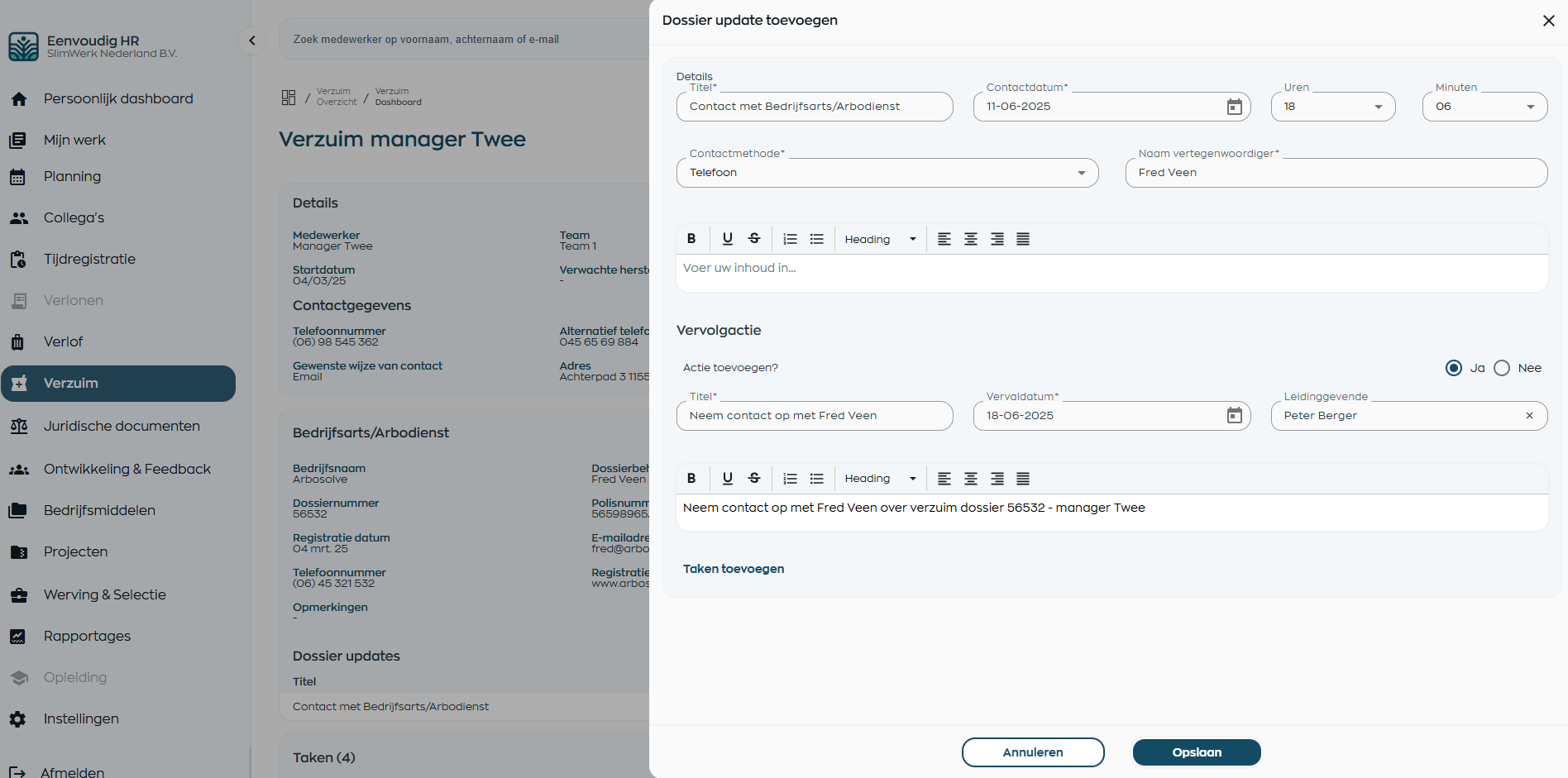 Dashboard met actief verzuimstatus en waarbij UWV-update wordt toegevoegd