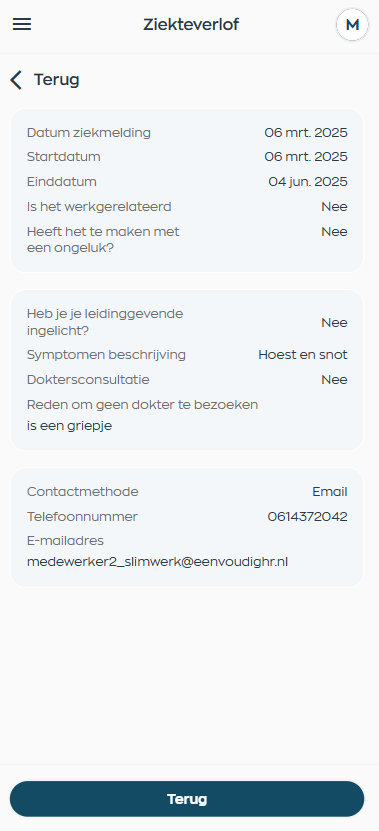 Verzuimoverzicht in de app voor medewerker