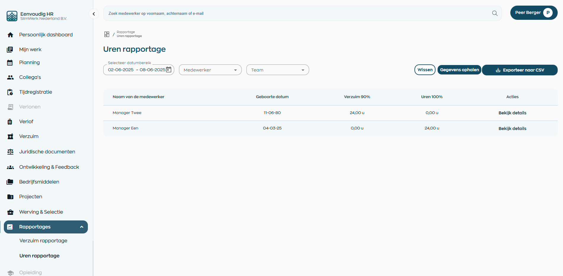 Overzicht van gewerkte uren, klaar voor export